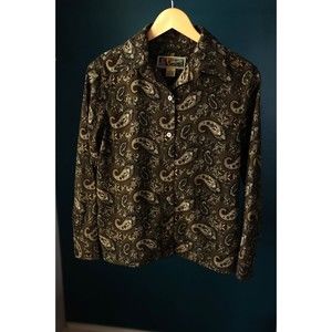 Vintage La Cabana Hawaiian Velour Button Shirt Dark Green Paisley Print size S